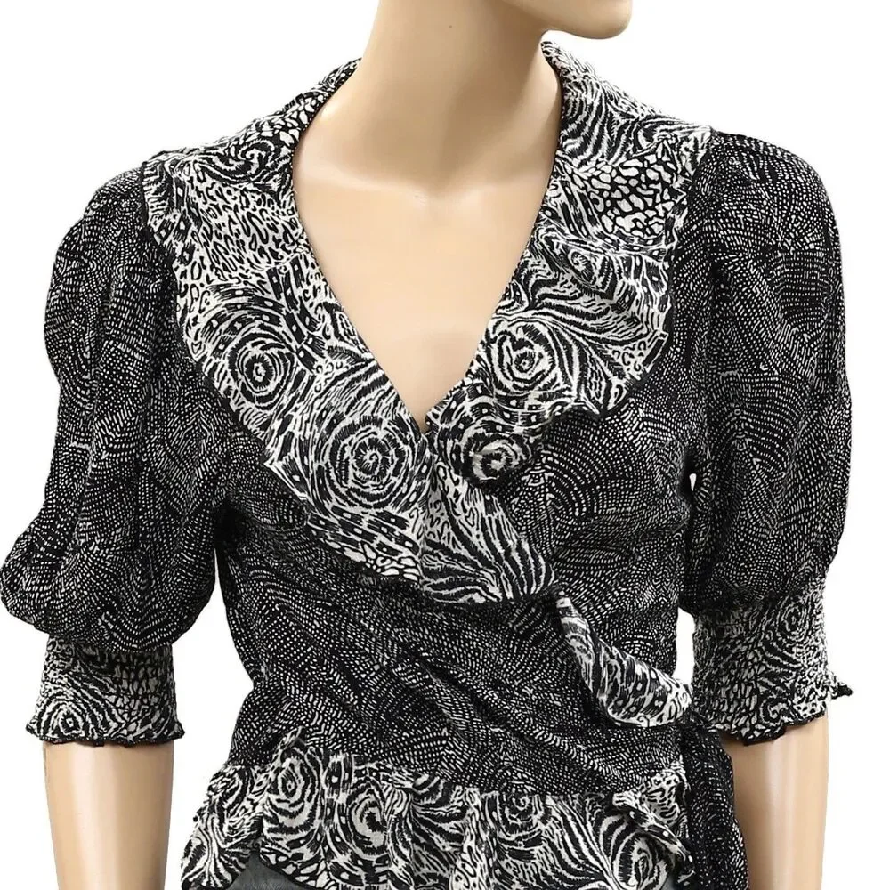 Free People Nully Olivia Wrap Top Blouse Short-Sleeves Black Printed S 287036 - Picture 6 of 9